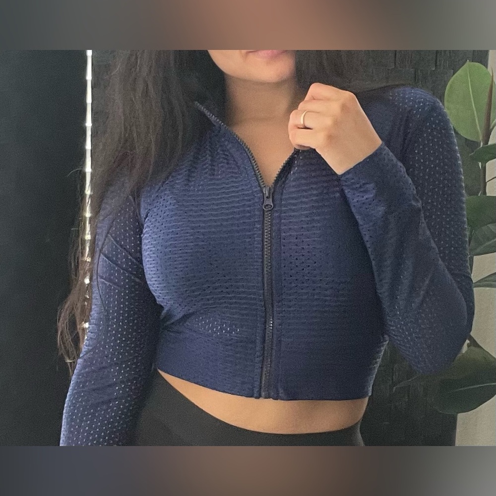 Navy Blue Textured Zip-Up Crop Top